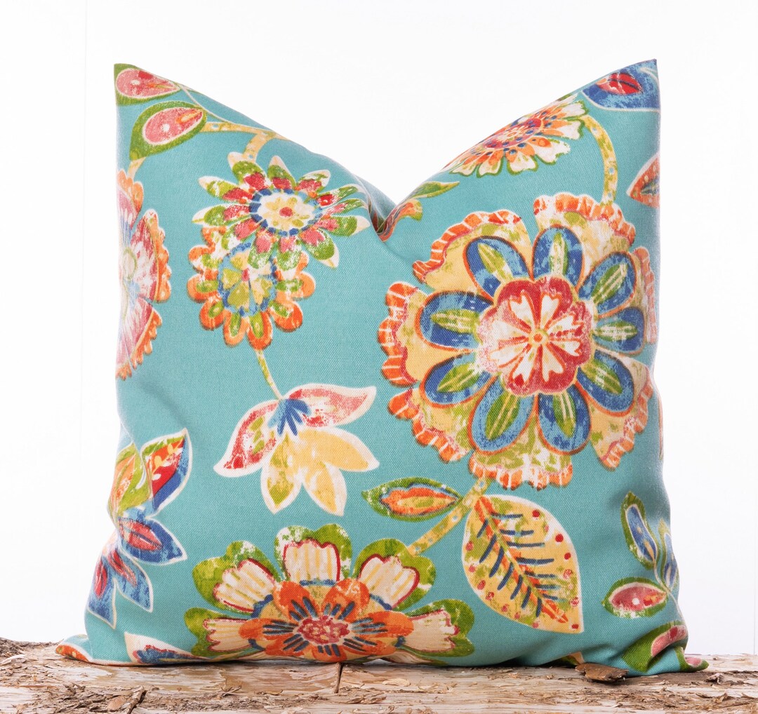 Floral Print Pillowcase Outdoor Aqua Pillow Cover Colorful Etsy