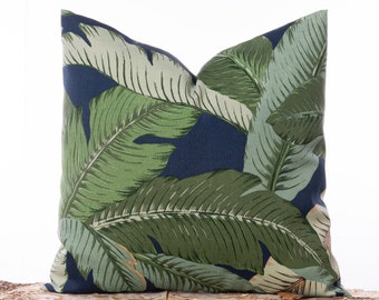 Outdoor Tommy Bahama pillow, Navy pillow, Tropical palm leaf pillow cover, Green pillows, Palm leaf, Palm tree, Coastal pillows, Outdoor