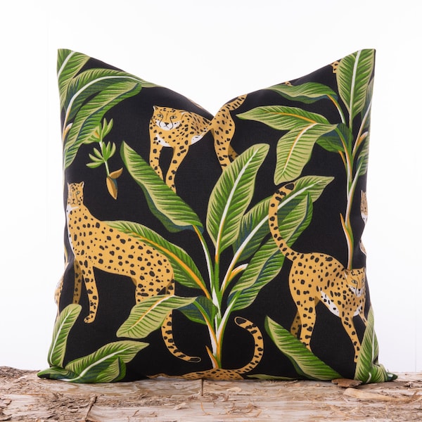 Outdoor Cheetah throw pillow, Green leaf tropical pillows, Animal print pillow cover, Leopard, Black pillows, Jungle theme decor, Waterproof