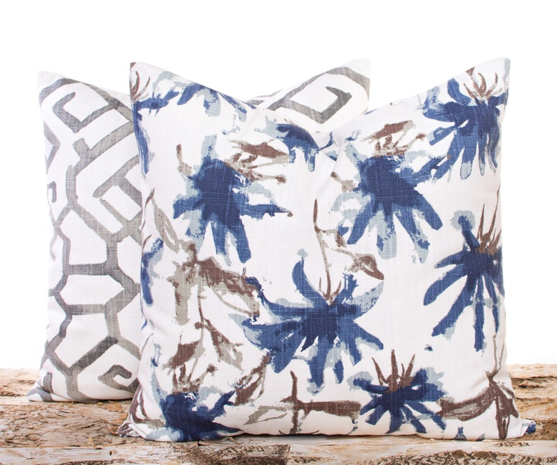 Blue Floral Print Linen Throw Pillow Cover on Offwhite Etsy