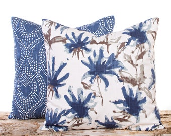 Floral Pillow Cover and Blue Geometric Pillow Cover, Two Blue Faux Linen Pillowcases, Bed Pillows, Sofa Cushions, Blue Linen Throw Pillows