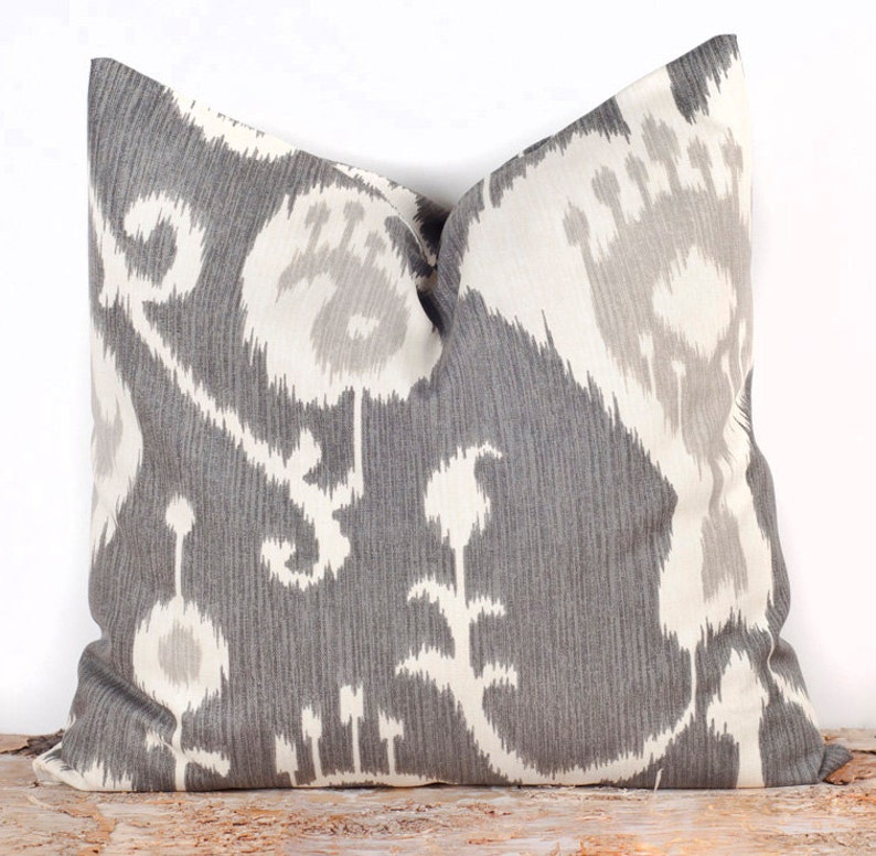 Gray Ikat Pillow Cover, Decorative Bed Pillows, Toss Pillow Cases, 16 x 16 image 1