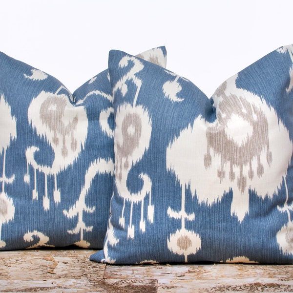 Blue Ikat Pillow Covers, Blue and Cream Pillowcases, Ikat Pillow Covers, Decorative Pillows for Couch, Set of 2, 18 x 18"