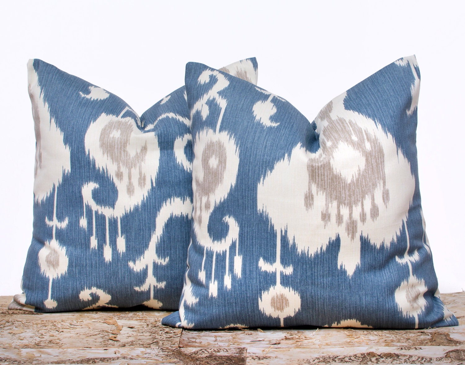Fazil Ikat Blue White Cotton Linen Print Pillow Cover (John