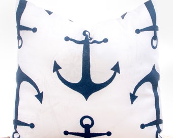 Nautical Navy Throw Pillow, Anchor Pillow, Navy Pillows, Beach Decor, Blue Pillowcase, 18 x 18"