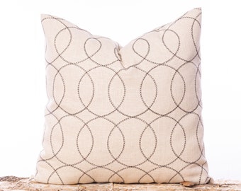 Embroidered circles cream and brown pillow, Linen pillows, Textured pillow shams, Arrow stitch pillow, Boho pillows, Modern home decor