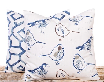 Birds and lattice blue and white Chinoiserie designer fabrics set of 2 pillow covers made with linen like fabrics