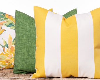 Outdoor yellow cabana pillows, Pineapple print pillow, Yellow stripes, Green solid pillow, Outdoor accent pillows, Beach pillow set