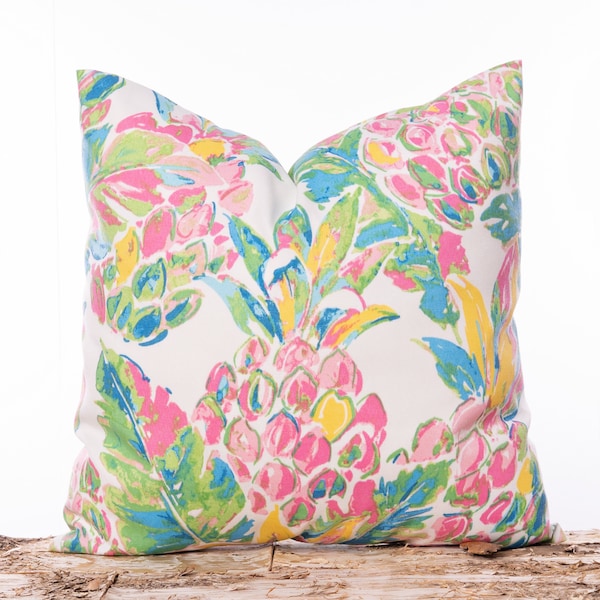 Pink pineapple outdoor pillow, Yellow throw pillow, Green, Blue, Pineapple, Tropical print pillow, Tropical outdoor decor, Coastal pillows