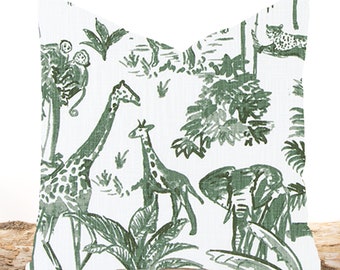 Tropical jungle green pillow cover, giraffe elephant and monkey forest design made with cotton but feels like linen, very soft and durable