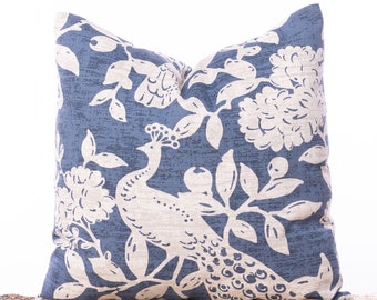 Chinoiserie design peacock pillow, Blue pillow covers, Designer pillows, Birds, Flowers, Floral fabric pillow, Elegant decor, Fancy pillows