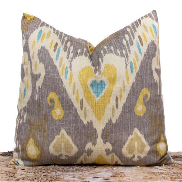 Handmade Ikat Pillow Cover Case, Yellow Pillow Accent, Washable Pillow Covers, Taupe,  Sizes 12 14 16 18 20 22