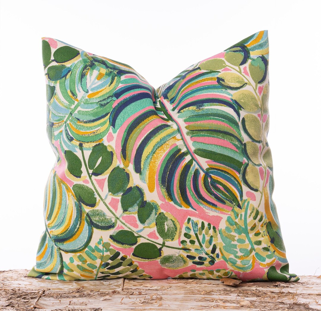 Outdoor Pink Floral Pillow, Palm Leaf Pillow Cover, Aqua, Blue, Green