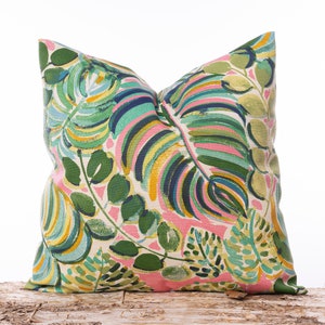 Outdoor pink floral pillow, Palm leaf pillow cover, Aqua, Blue, Green leaf pillows, Outdoor pillows, Water resistant throw pillow, Tropical