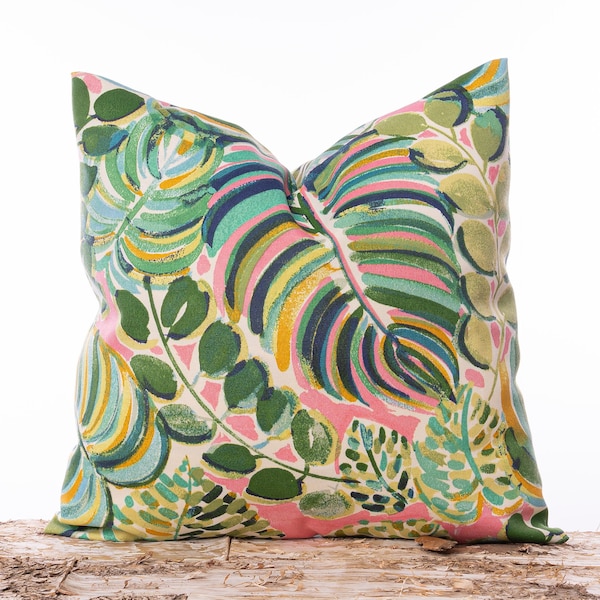 Outdoor pink floral pillow, Palm leaf pillow cover, Aqua, Blue, Green leaf pillows, Outdoor pillows, Water resistant throw pillow, Tropical