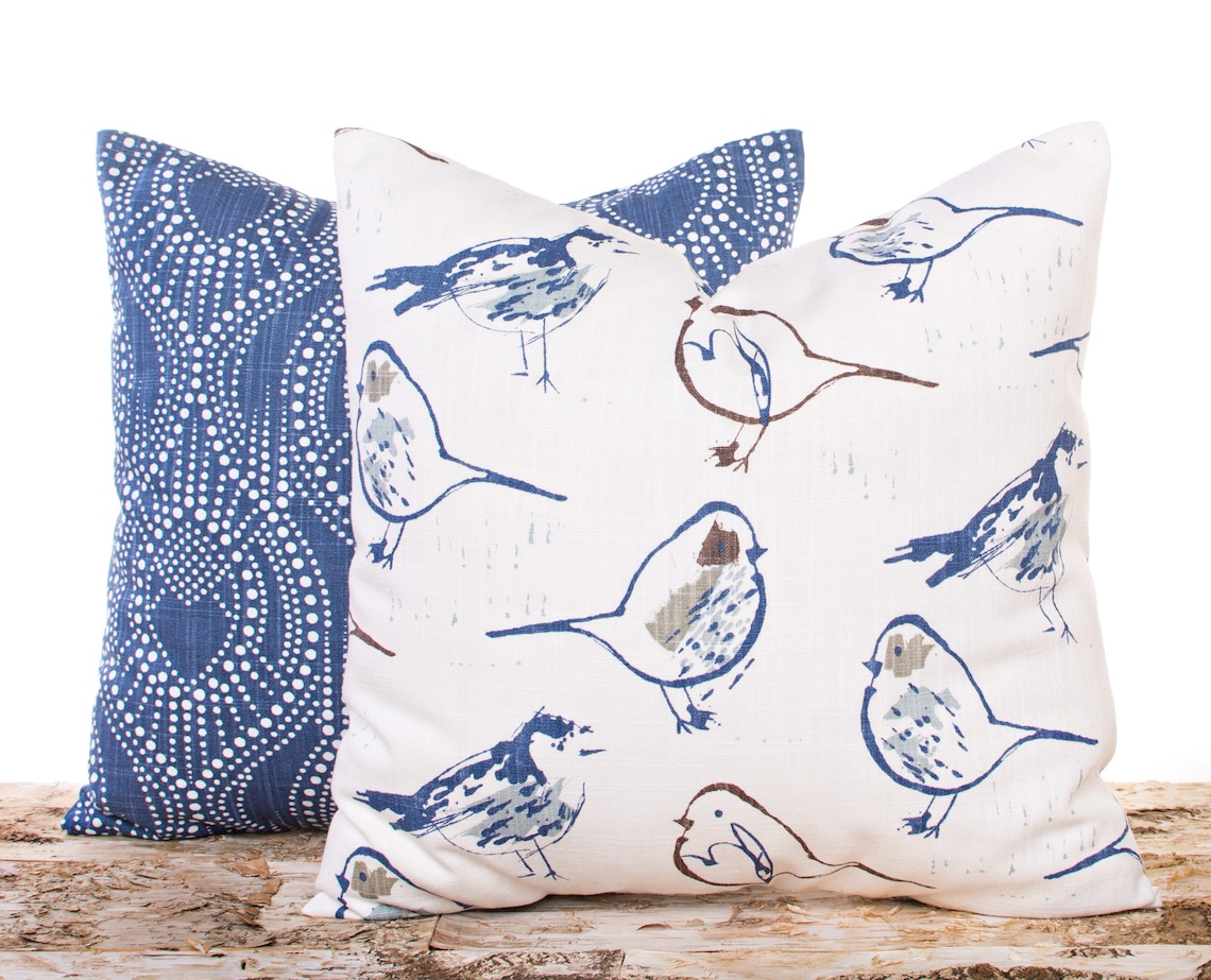 Blue Bird Throw Pillow Cover on Cream Linen Fabric Spring Etsy