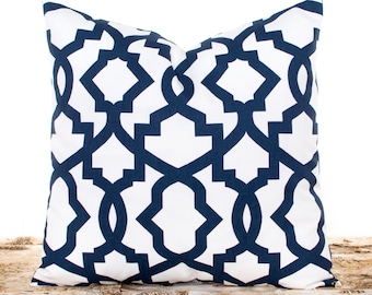 Decorative Throw Pillow Covers, Navy Cushion Covers, Navy and White, Lattice Pillow, Navy Pillows, Lumbar Pillows, Pillow Shams