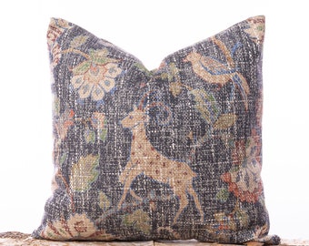 Chenille tapestry pillow cover, Faded black forest pillow, Tiger, Bird, Ram, Woodlands pillow, Tapestry pillows, Woven jaquard pillows