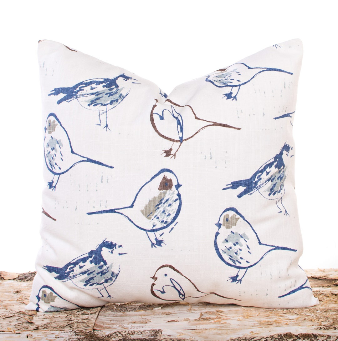 Blue Bird Throw Pillow Cover on Cream Linen Fabric, Spring Home Decor