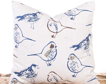 Blue Bird Throw Pillow Cover on Cream Linen Fabric, Spring Home Decor, Beautiful Bird Print Fabric for Bed Pillows or Couch Pillow Covers