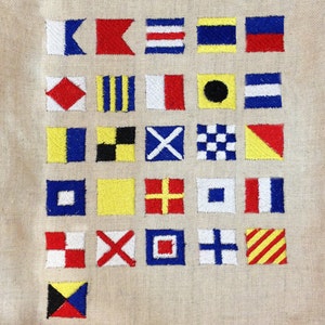 Nautical flag alphabet letter symbols embroidery designs in 2 sizes.  A unique, preppy way to personalize anything!