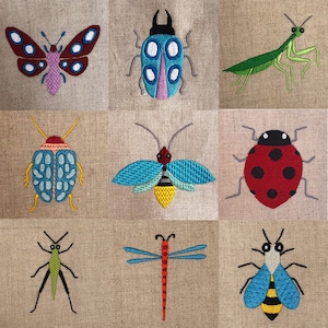 Modern insects DIGITAL machine embroidery design set. Nine different insect designs to stitch on your embroidery machine.