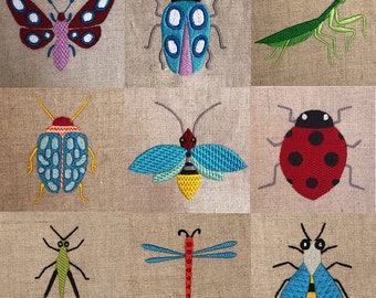 Modern insects DIGITAL machine embroidery design set. Nine different insect designs to stitch on your embroidery machine.