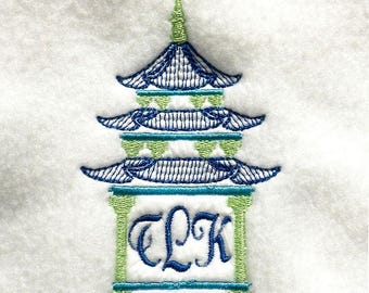 Asian Inspired Pagoda Monogram Frame DIGITAL Machine Embroidery Design  - a perfect Chinoiserie style design