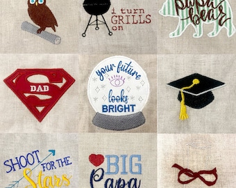 Dads and Grads DIGITAL Machine Embroidery and Appliqué Design Set - Nine Father's Day and Graduation themed embroidery designs