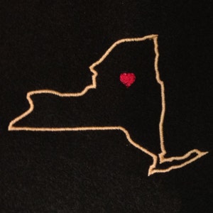 New York appliqué and embroidery design with optional heart.  7 different styles and sizes.  Buy NY get another free (e.g. buy NY - get AL)