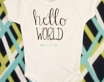 Hello World Machine Embroidery Design in several sizes and styles – the perfect embroidery design for a newborn baby.