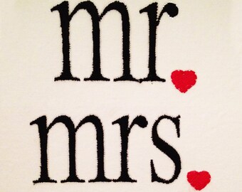 Modern Mr and Mrs machine embroidery designs for newlyweds.  Stitch them out on pillowcases as a perfect gift for the newlywed Mr. and Mrs.