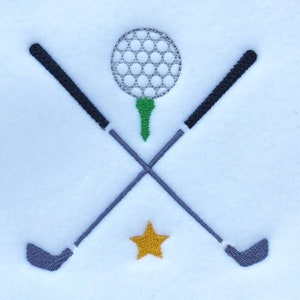 Peut inclure: Deux clubs de golf croisés avec une balle de golf blanche sur un tee vert et une étoile dorée en dessous.