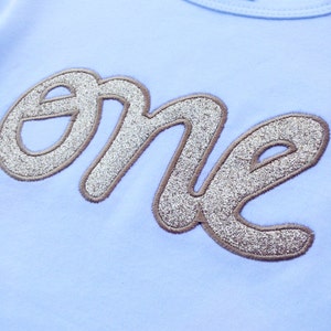 May include: A light blue baby onesie with the word "one" in silver glitter lettering.