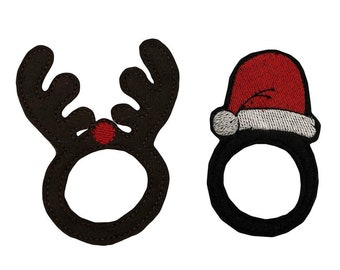 In-the-Hoop Napkin Ring Digital Machine Embroidery Designs - Santa and Rudolph