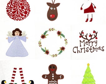 Christmas Themed DIGITAL Appliqué and Embroidery Design Set. 9 different embroidery and appliqué design perfect for holiday gifts and decor