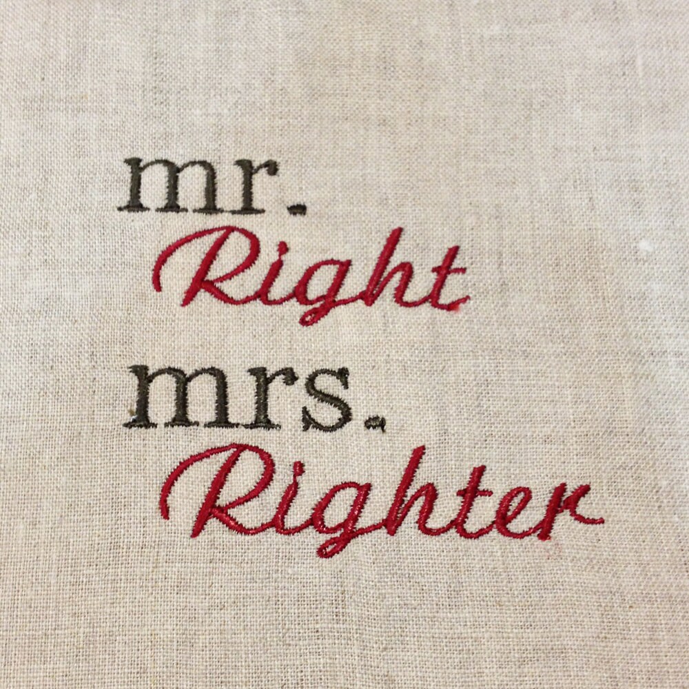 Darling Mr with mustache and Mrs with lips machine embroidery designs  in four sizes