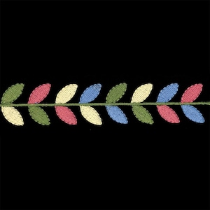 May include: Embroidered leaf trim with a repeating pattern of colorful leaves in green, pink, yellow, and blue. The leaves are arranged along a green stem against a black background. This trim is suitable for various sewing and craft projects.