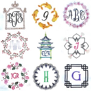 Set of Far East Inspired Monogram Wreaths and Frames DIGITAL Machine Embroidery Designs