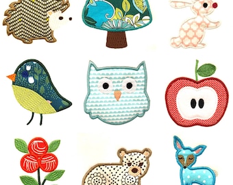 Puede incluir: Nueve parches bordados de colores para planchar que representan un erizo, un hongo, un conejo, un pájaro, un búho, una manzana, una flor, un oso y un ciervo.
