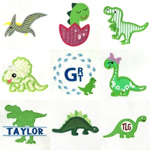 May include: Nine different embroidered dinosaur designs. The designs include a pterodactyl, a dinosaur hatching from an egg, a T-Rex, a triceratops, a dinosaur with a flower crown, a dinosaur with a name tag that says "Taylor", a dinosaur with a name tag that says "TLB", a dinosaur with a name tag that says "GRT", and a stegosaurus.