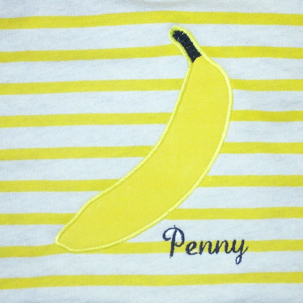 Funky banana applique and embroidery design. 6 different sizes and versions.