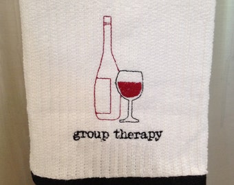 Group therapy wine bottle and glass of wine DIGITAL machine embroidery design.  It can be stitched out with or without the writing.