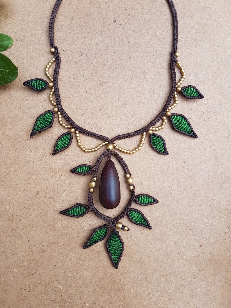 Handmade Unique Statement Macrame Necklace Wood Natural Design Forest Fairy Forest Secrets Secret Box