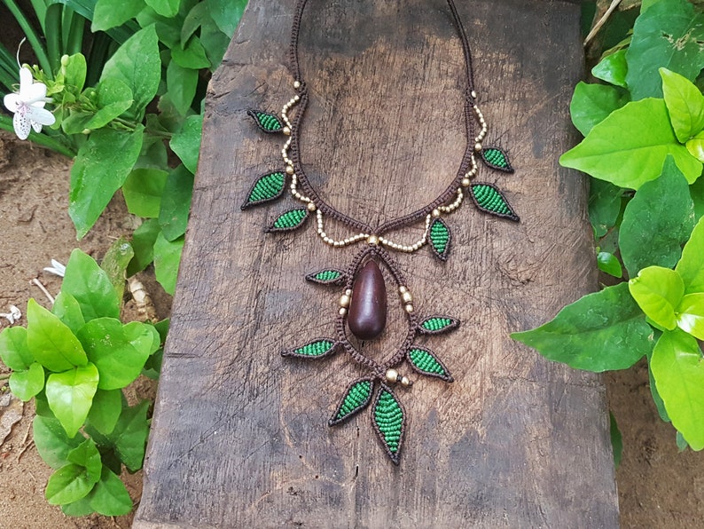 Handmade Unique Statement Macrame Necklace Wood Natural Design Forest Fairy Forest Secrets Secret Box