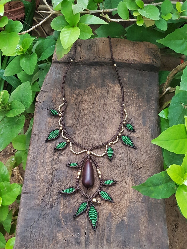 Handmade Unique Statement Macrame Necklace Wood Natural Design Forest Fairy Forest Secrets Secret Box