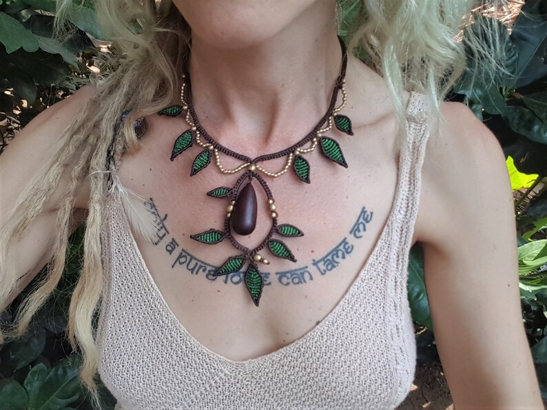Handmade Unique Statement Macrame Necklace Wood Natural Design Forest Fairy Forest Secrets Secret Box