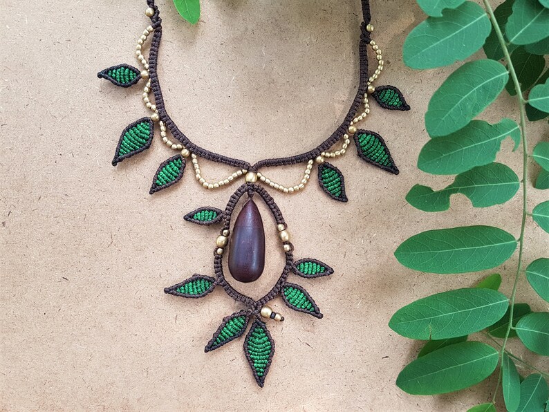 Handmade Unique Statement Macrame Necklace Wood Natural Design Forest Fairy Forest Secrets Secret Box
