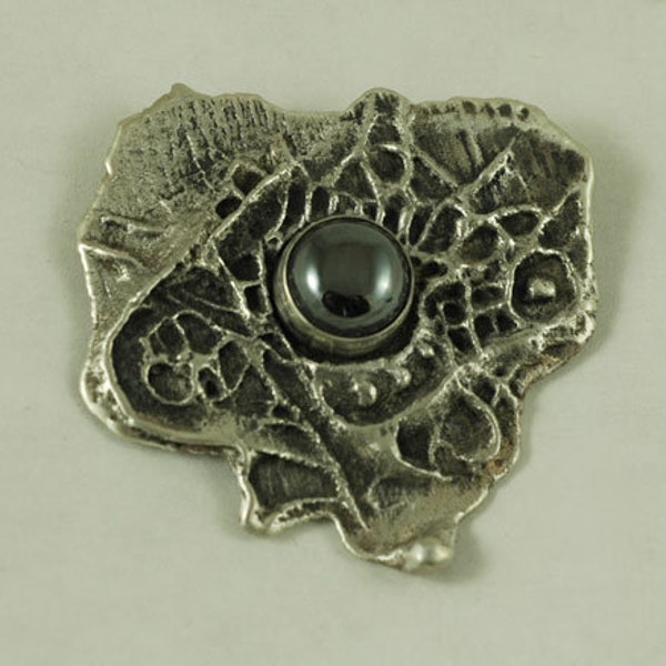 Sterling silver charcoal cast organic brooch with hematite