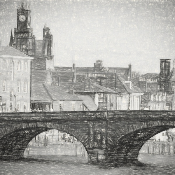 England Gift, England Print, York Print, England Art, York, York Wall Coverings, England Wall Art, Pencil Art, B&W Art, Lendal Bridge, Tower